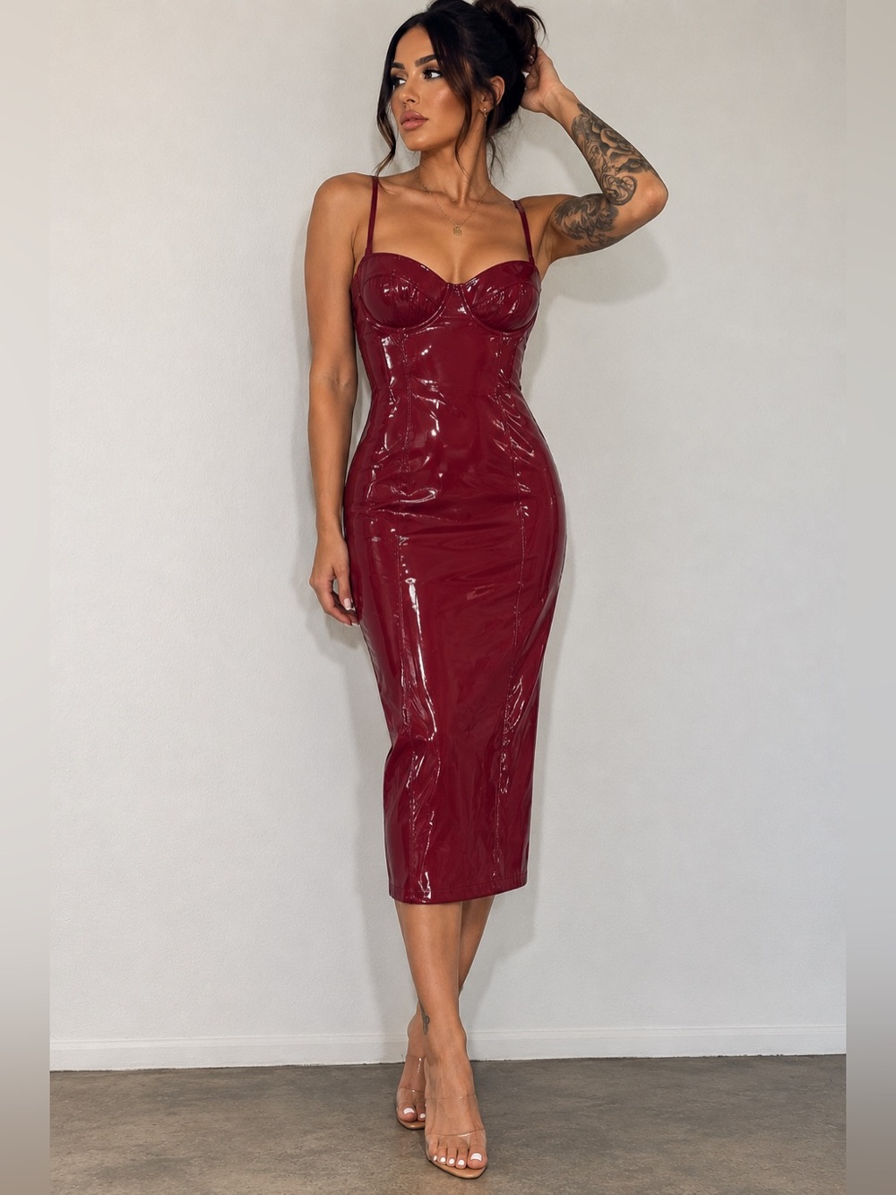 FINESSE burgundy patent vinyl corset bodycon Midi Dress XS